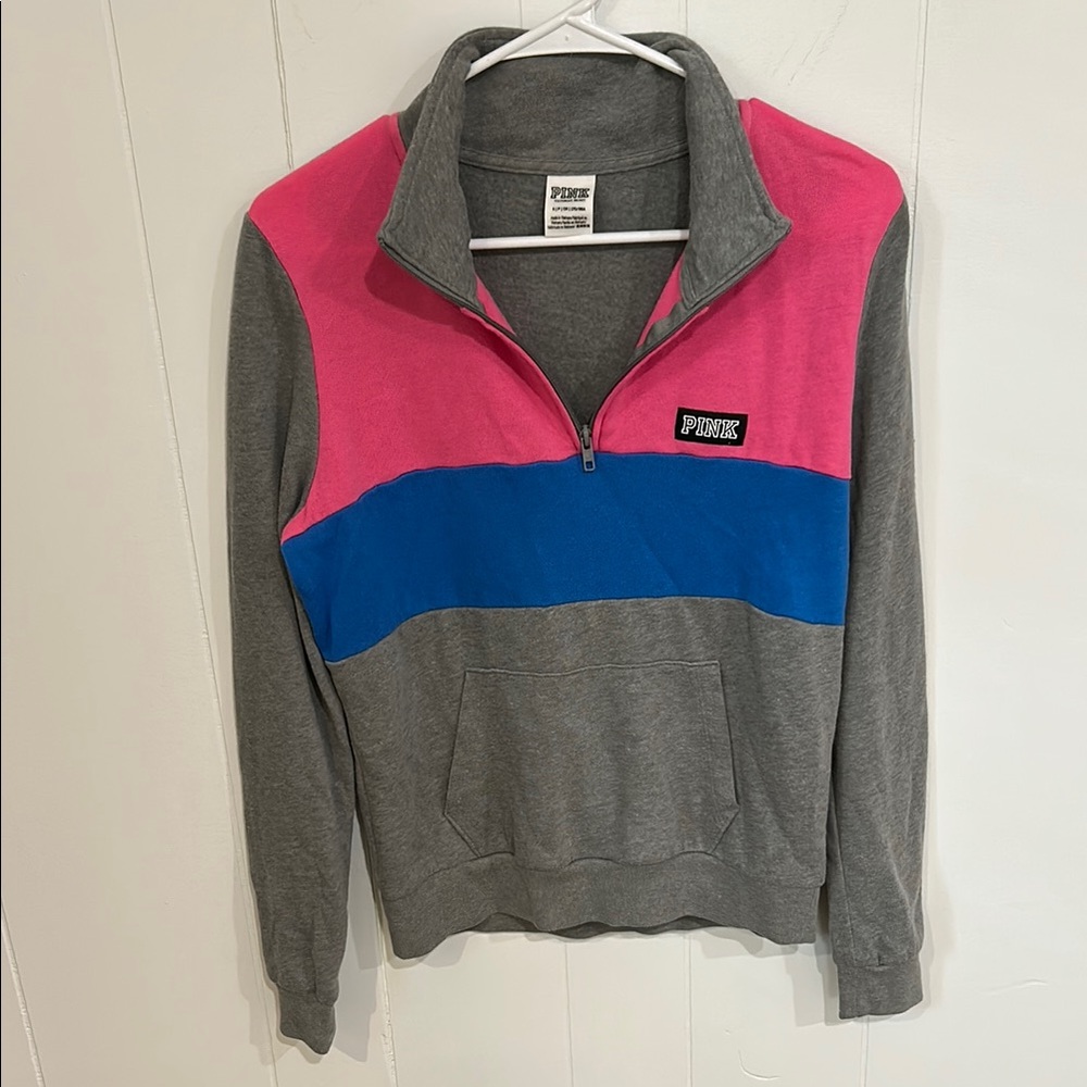 VICTORIA SECRET PINK Gray, Blue and Pink 3/4 Zip Lightweight Sweatshirt